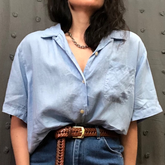 Vintage Tops - Vintage 90s L.L. Bean 100% linen blue button down